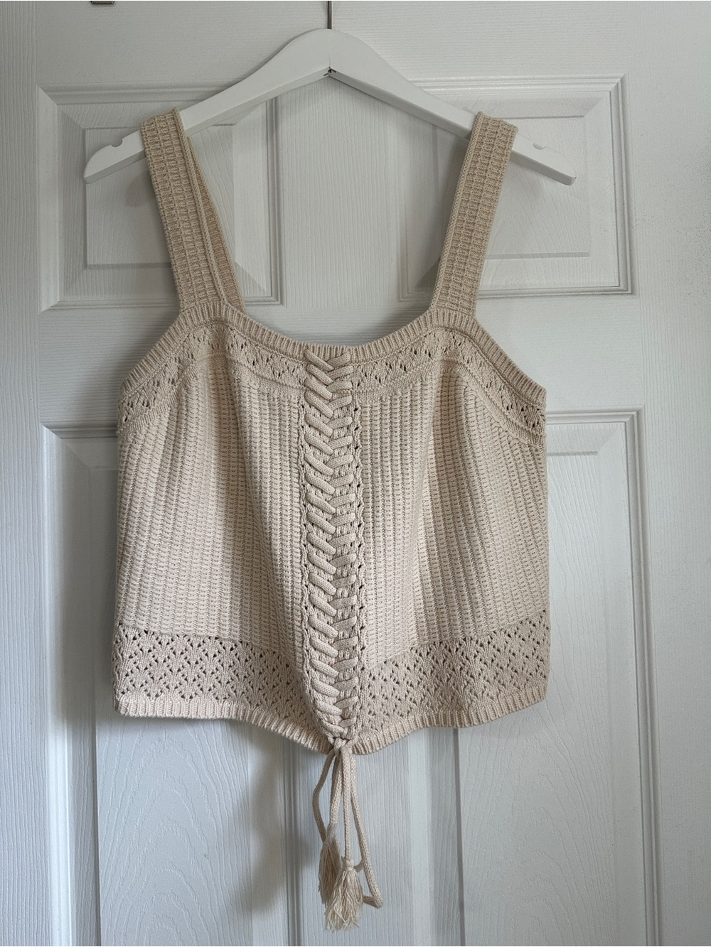 Cream Crochet Lace-Up Tank Top